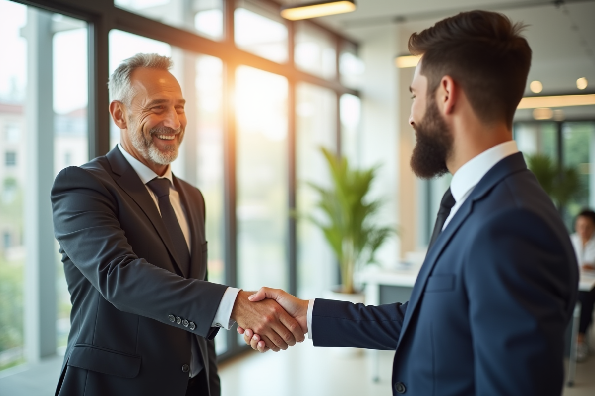 Agent d'assurance souriant serrant la main d'un client satisfait dans un bureau lumineux