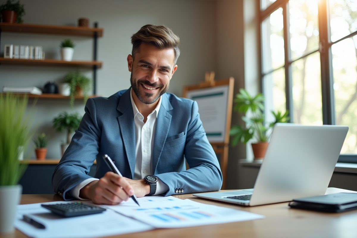 Agent immobilier calculant le rendement locatif au bureau