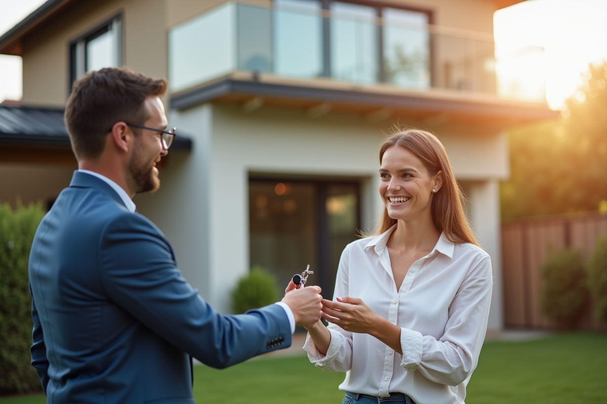 Agent immobilier remettant une clé à une femme heureuse devant une maison
