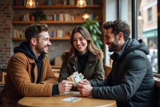 Trois amis souriants échangeant des billets dans un café