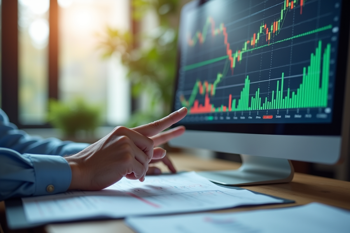 Professionnel analysant graphiques financiers sur grand écran