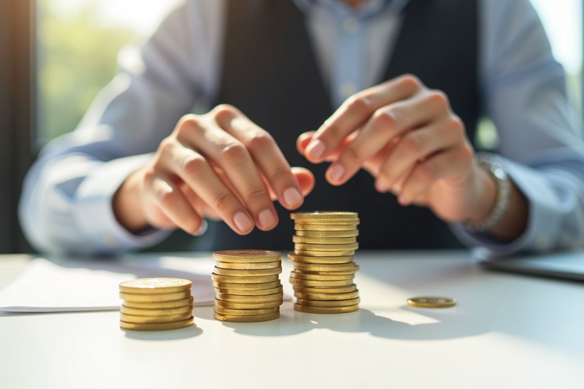 Mains d'un analyste financier équilibrant des pièces d'or et des blocs en bois