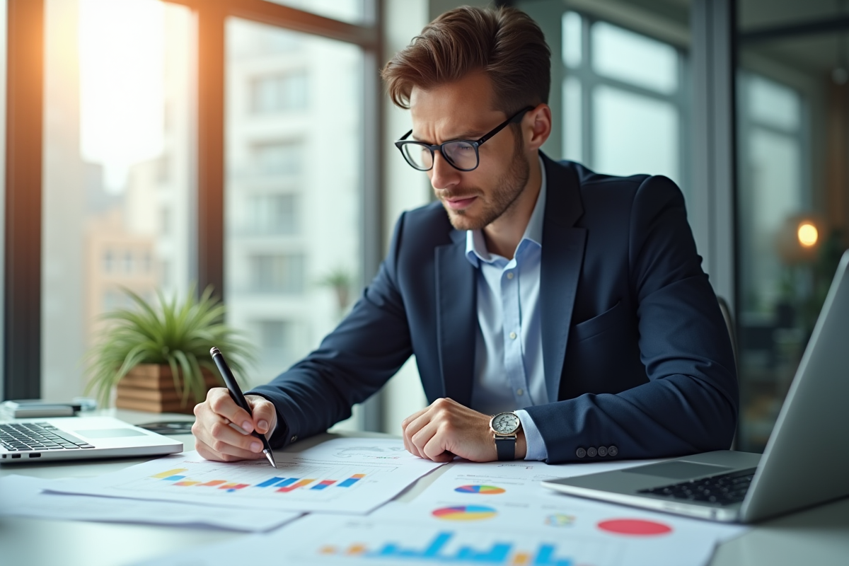 Analyste financier étudiant des graphiques colorés et rapports