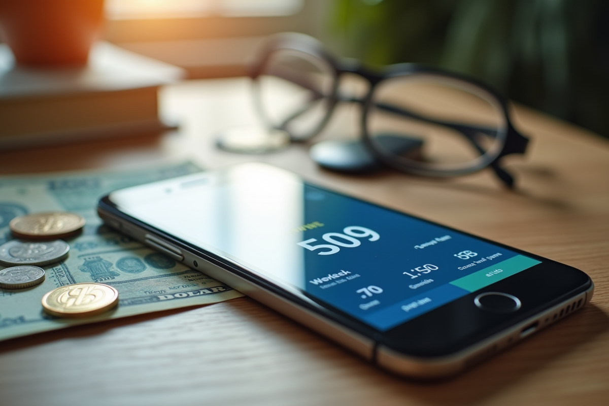 Smartphone avec application bancaire ouverte sur un bureau en bois