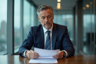 Banquier homme en costume navy dans un bureau moderne