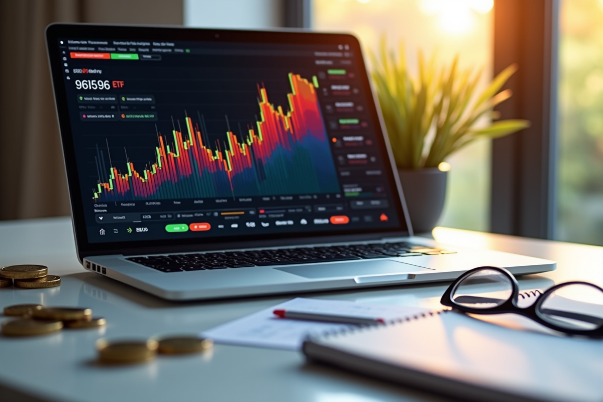 Espace de travail avec ordinateur affichant un graphique ETF et pièces d euro