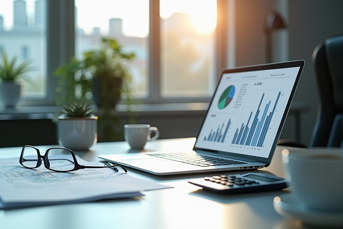 Bureau moderne avec ordinateur et rapports financiers