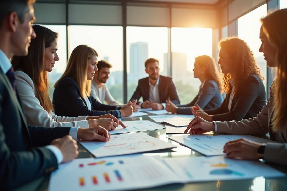 Équipe diversifiée dans un bureau moderne en réunion