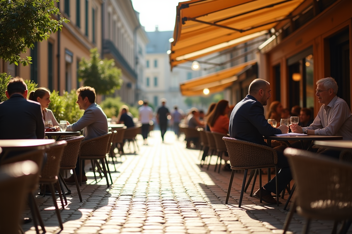 Terrasse de café ensoleillée en ville avec comptable