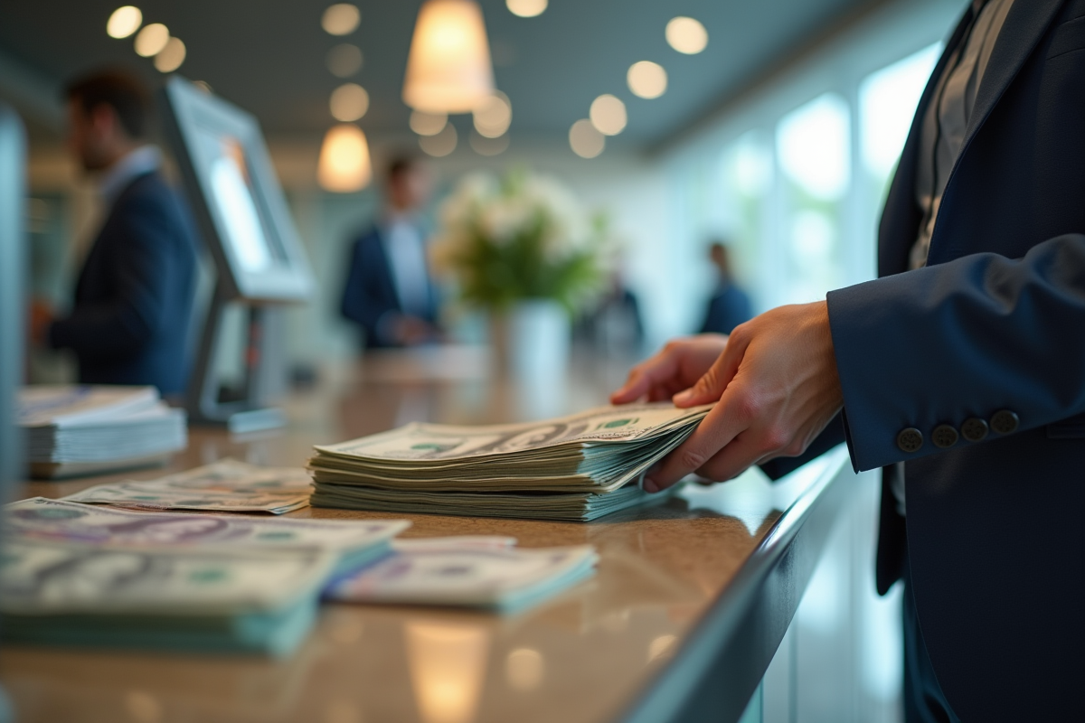 Caissier comptant une grosse pile de billets dans une banque lumineuse