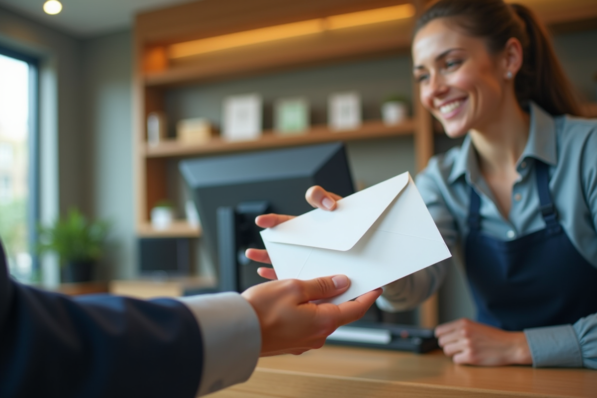Caissière souriante remettant une enveloppe à un client