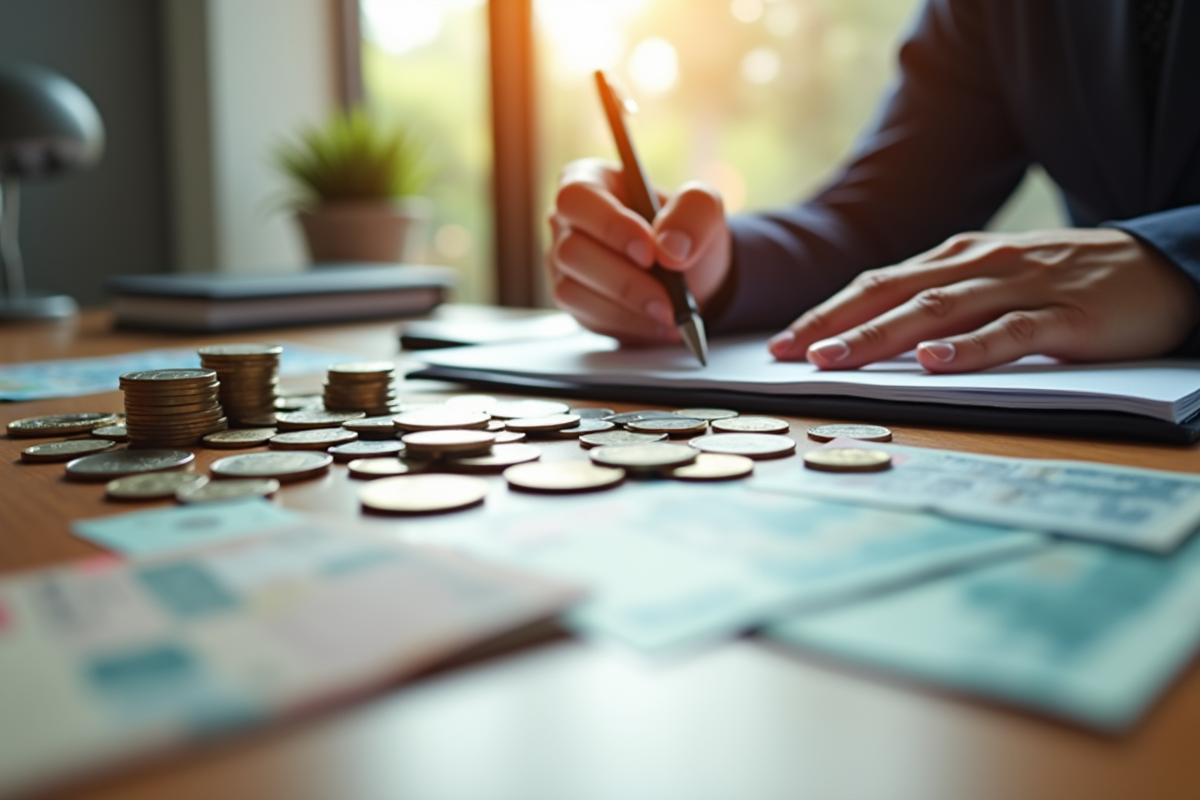 Personne calculant ses finances avec des monnaies internationales