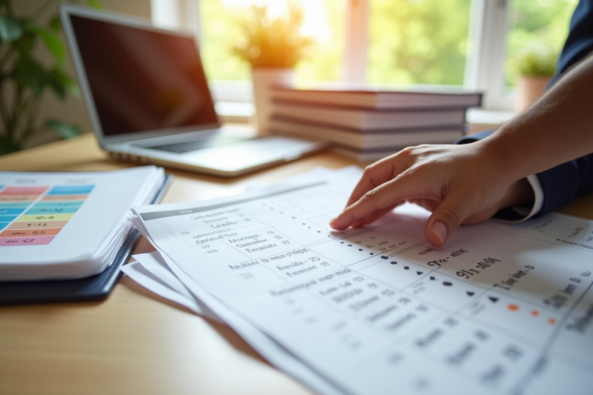 Main tenant une feuille de calcul avec déductions fiscales et prêt immobilier