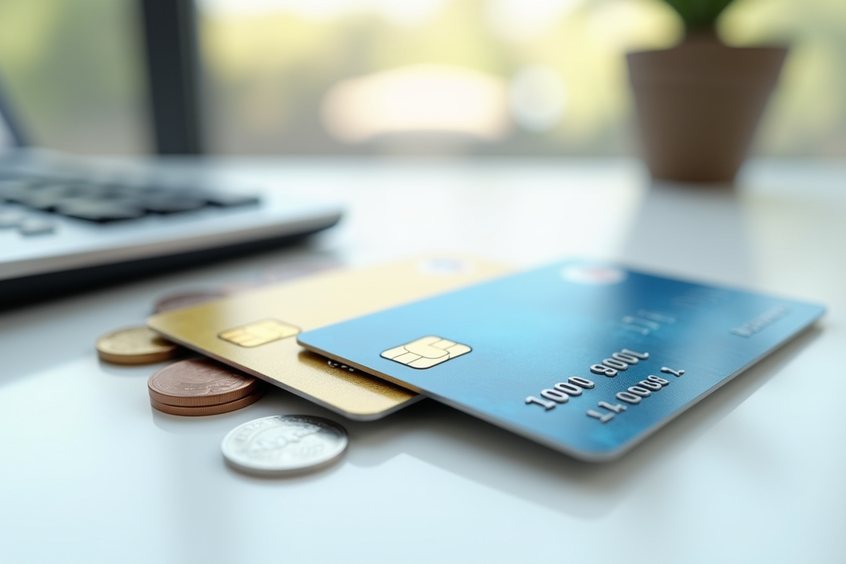 Cartes de credit coins et calculatrice sur une table blanche lumineuse