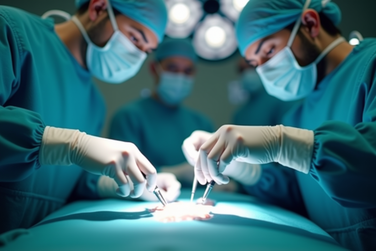 Chirurgiens en salle d opération avec mains délicates en premier plan