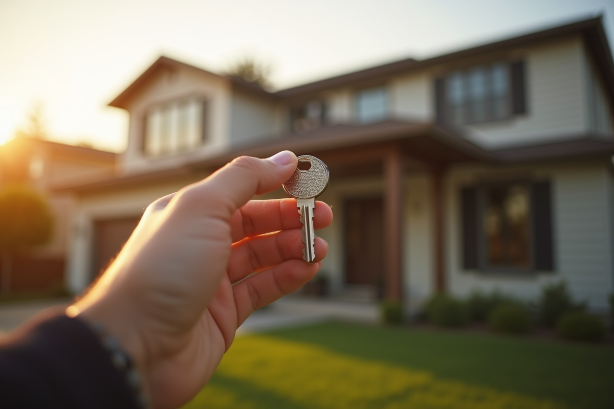 Personne tenant une clé devant une maison moderne au coucher du soleil