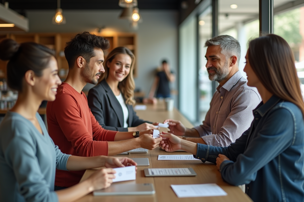 Groupe de clients au comptoir en magasin lumineux