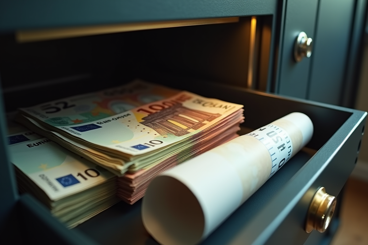 Coffre-fort ouvert avec billets euros et contrat d