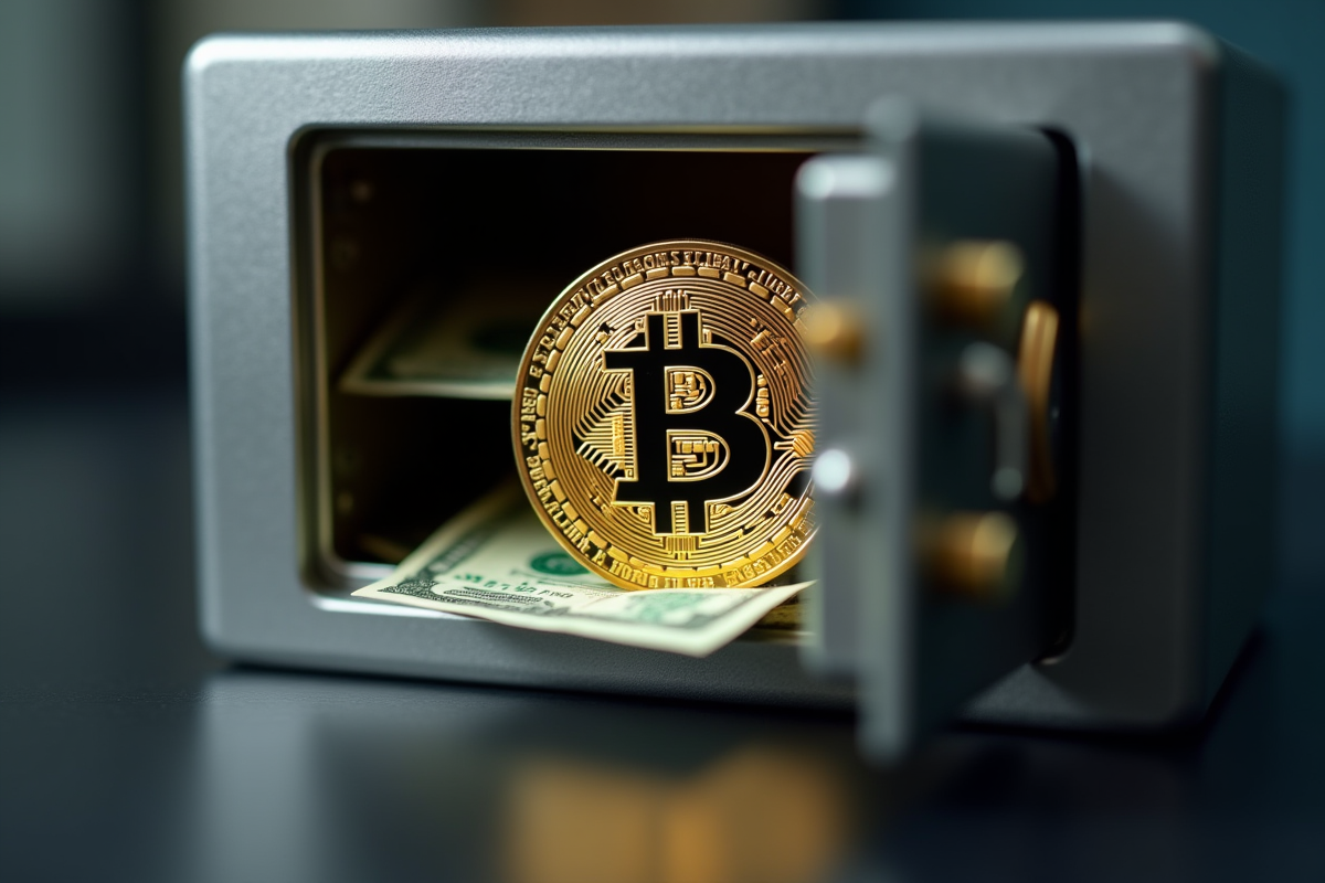 Coffre-fort ouvert avec billets et bitcoin en or