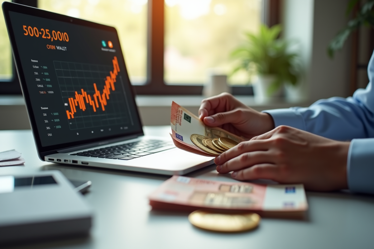 Main comptant des euros avec portefeuille crypto à côté