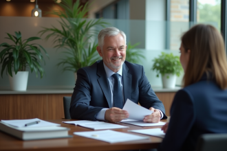 Conseiller bancaire expliquant des documents à une cliente