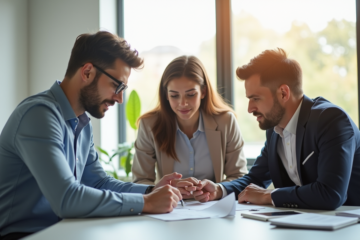 Conseiller financier avec un jeune couple en réunion