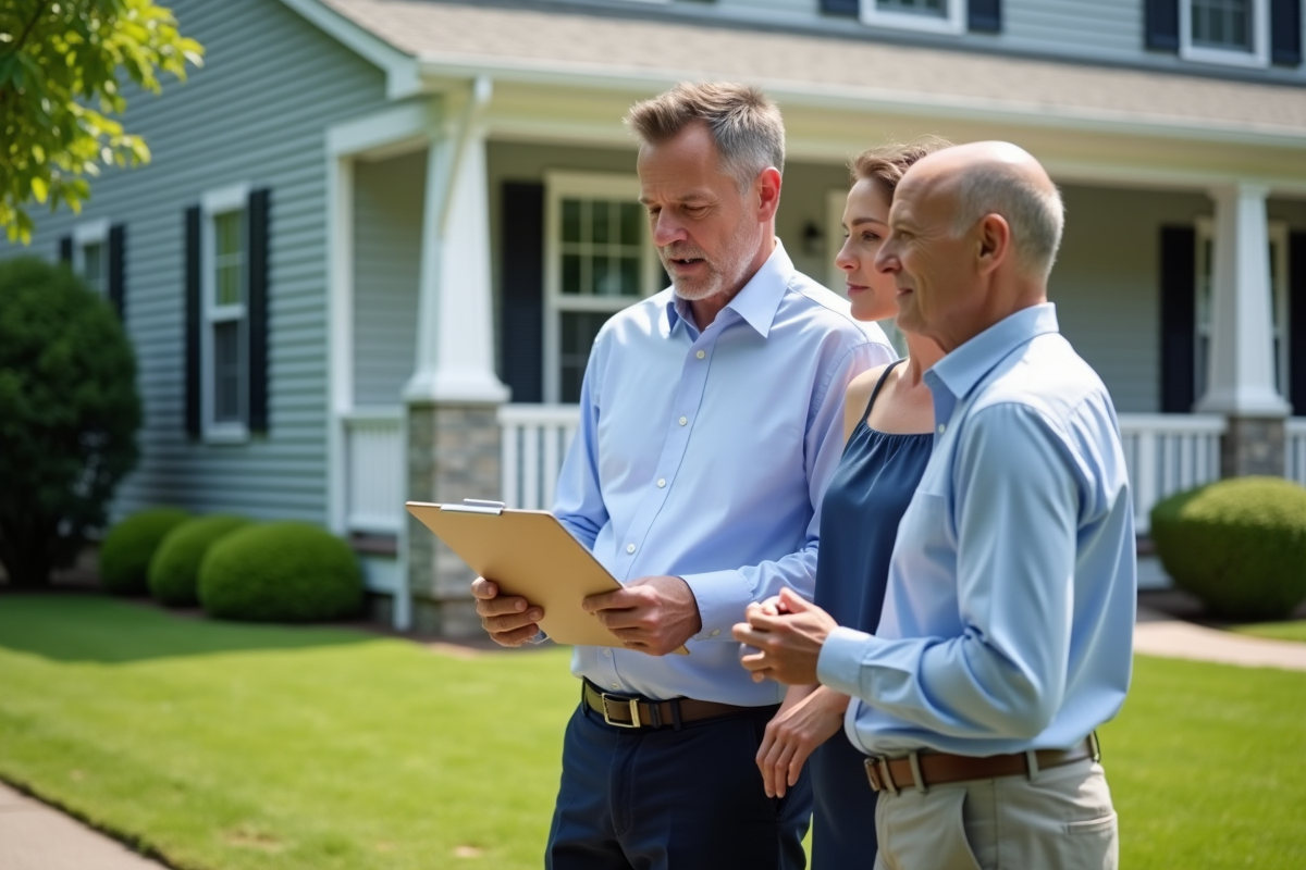 Homme et couple regardant un document de prêt devant une maison