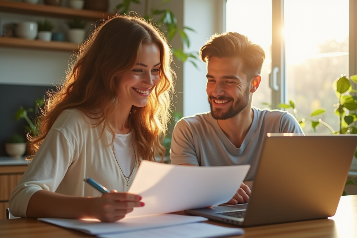 Jeune couple à la cuisine le matin avec documents et ordinateur