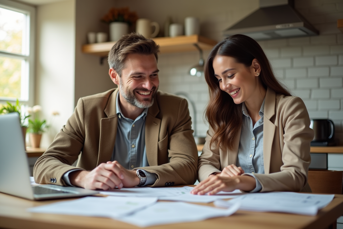 Jeune couple souriant discutant finances à la maison