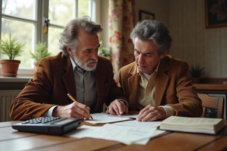 Couple français des années 80 examinant des documents financiers