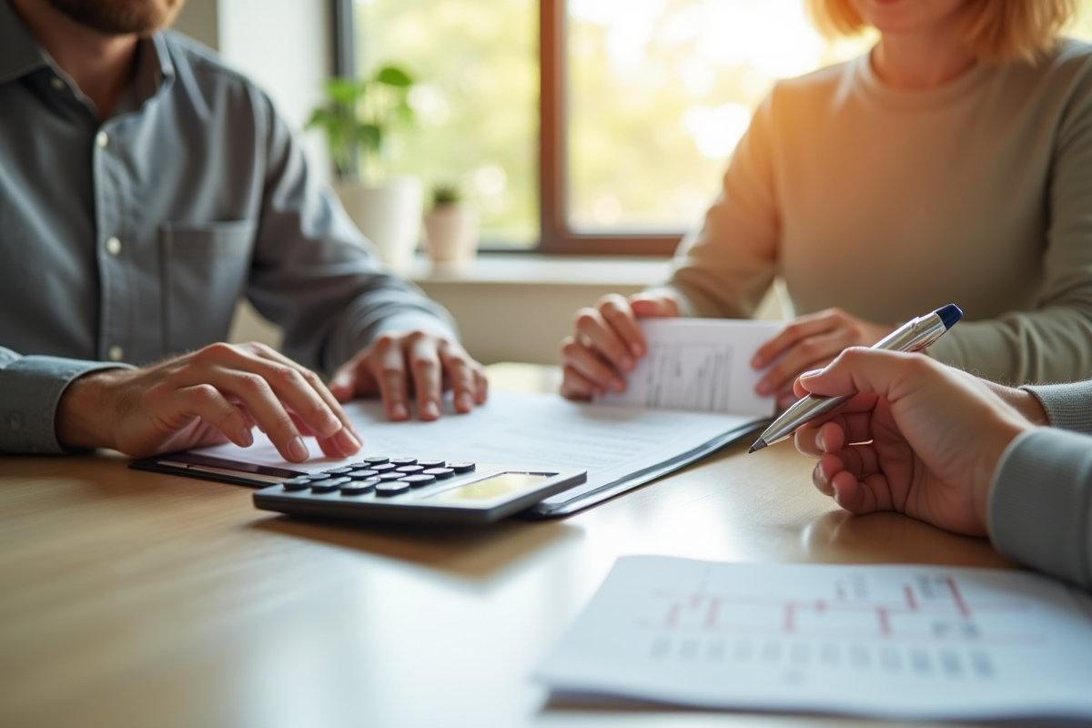 Couple examinant documents de prêt immobilier à la maison