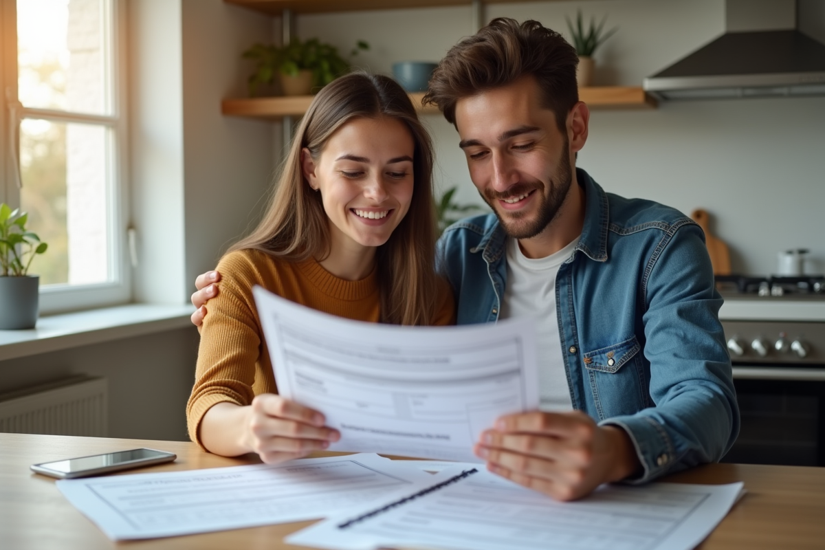 Jeune couple souriant à la maison en matinée avec documents immobiliers