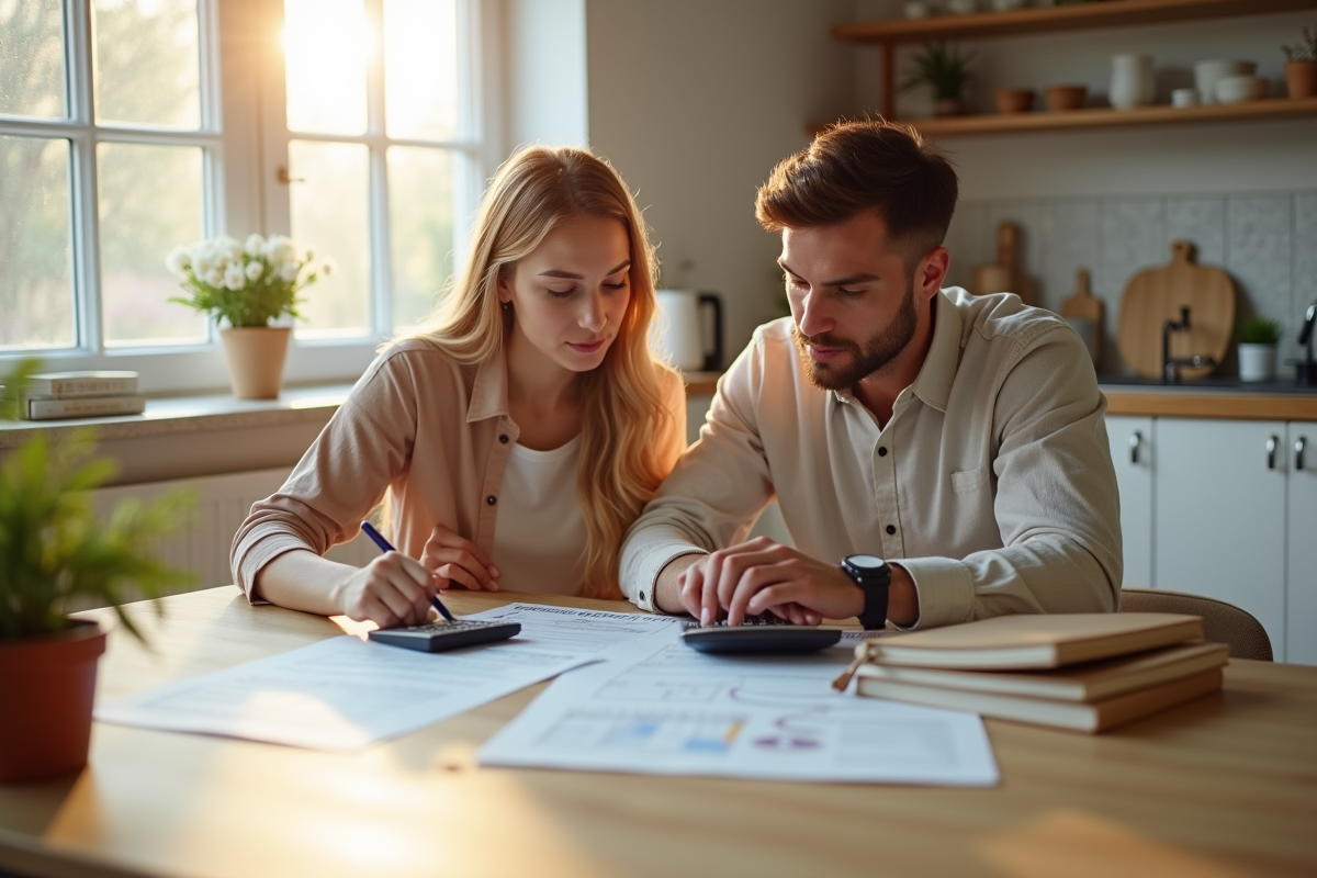 Jeune couple examinant des documents de prêt immobilier à la cuisine