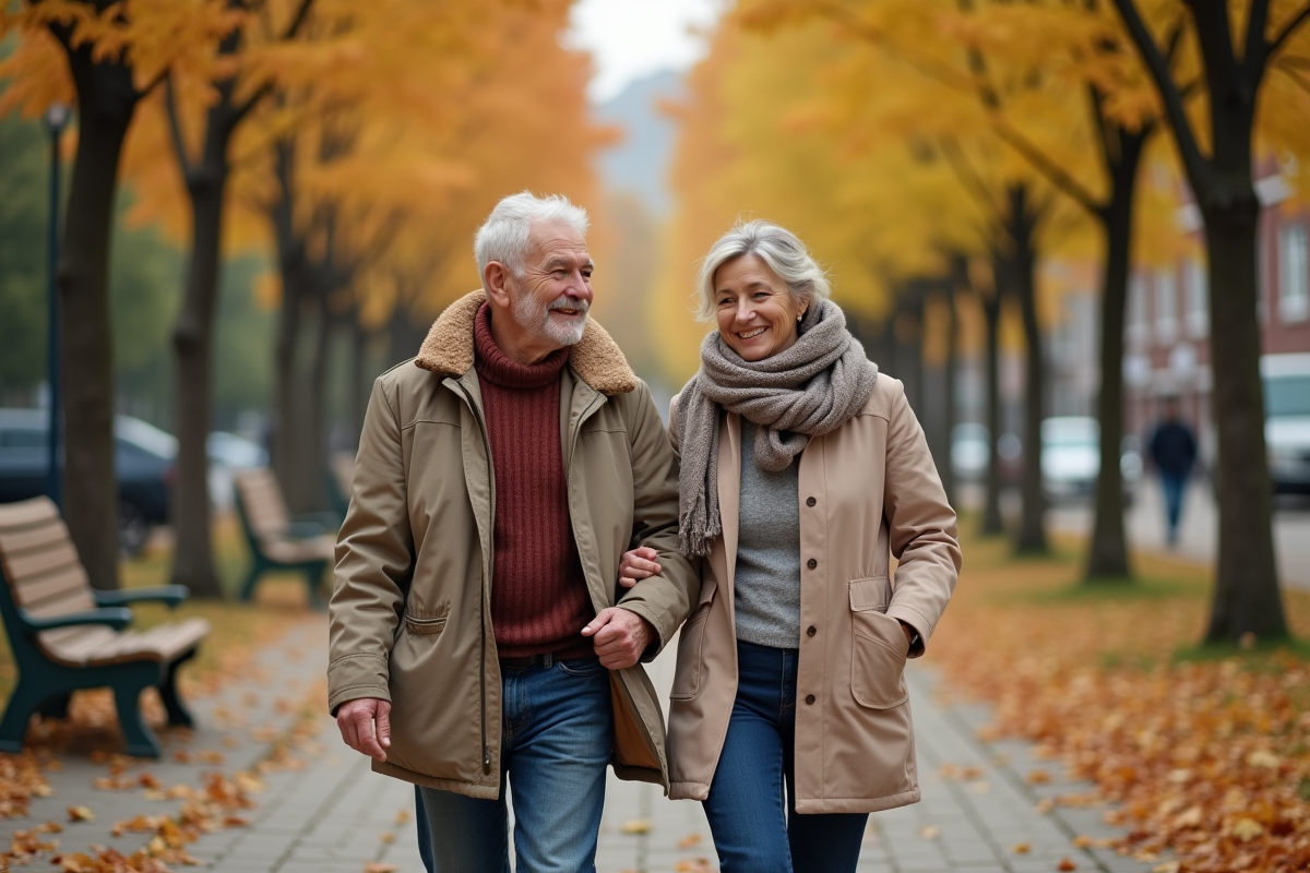 Couple retraité marche dans un parc en automne