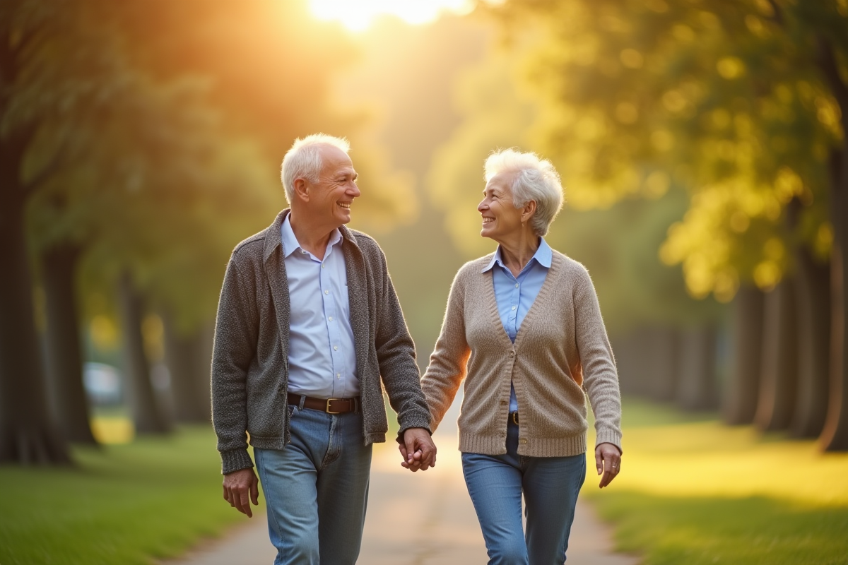 Couple senior se promenant main dans la main dans un parc ensoleille