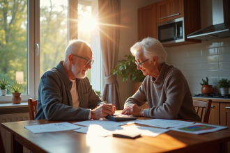 Couple senior français examinant des documents financiers à la cuisine