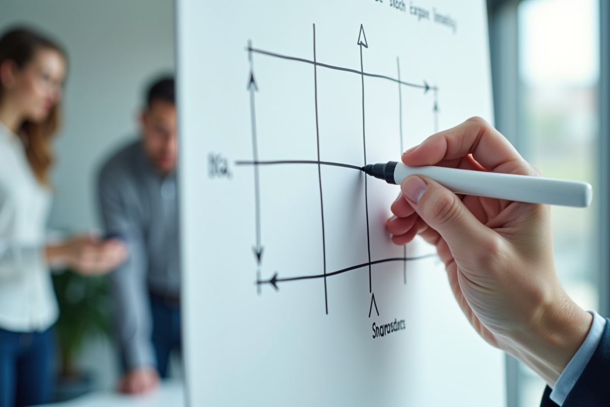 Main dessinant la matrice BCG sur un tableau blanc dans un espace de travail clair