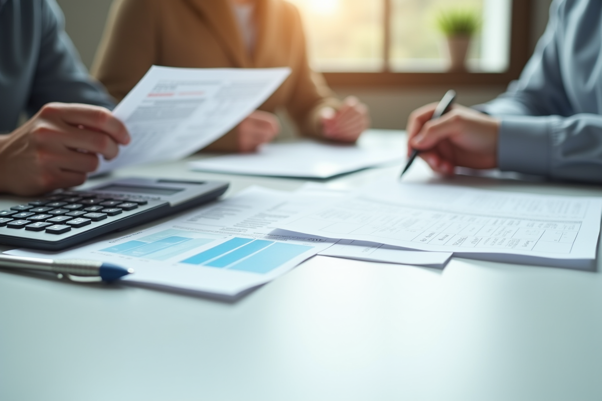 Gros plan sur documents fiscaux et calculatrice sur une table lumineuse