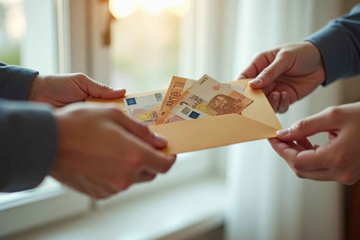 Deux mains échangeant une enveloppe avec des billets d