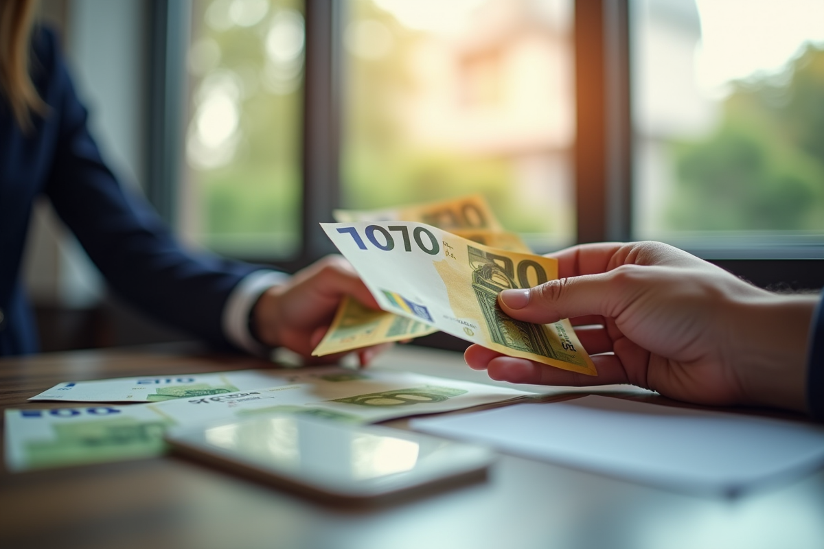 Echange de billets euros par des mains à la banque