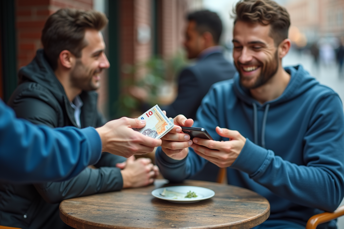 Homme donnant de l'argent et smartphone avec wallet bitcoin