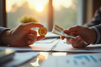 Mains échangeant une pièce d'or blockchain et un billet classique