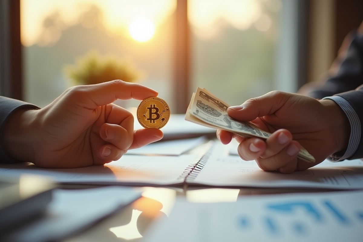 Mains échangeant une pièce d'or blockchain et un billet classique
