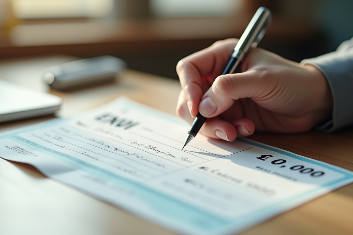 Main écrivant un cheque de 5000 euros sur un bureau en bois