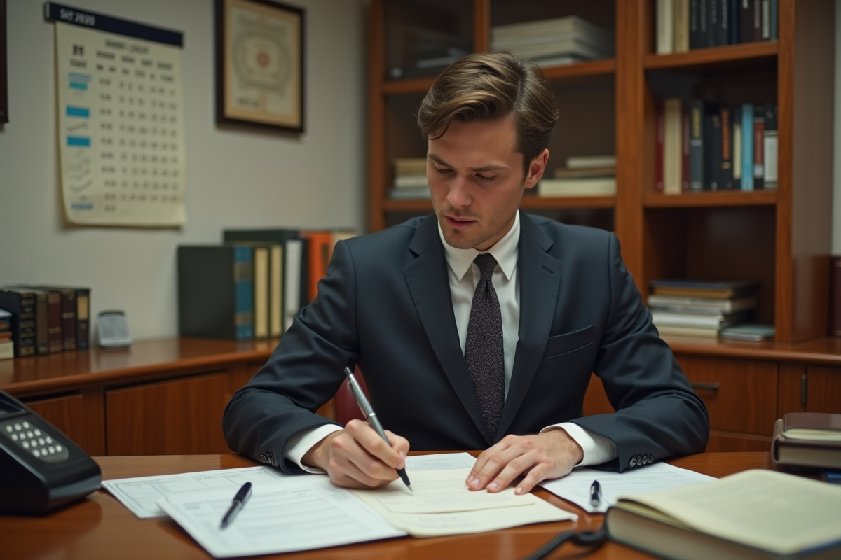 Jeune employé de banque en costume dans un bureau d époque