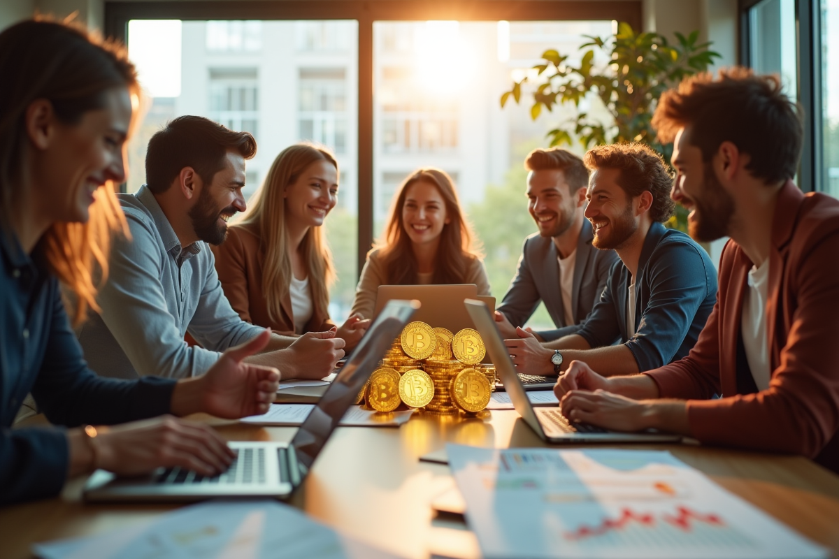 Groupe d'entrepreneurs dans un bureau moderne avec Bitcoin