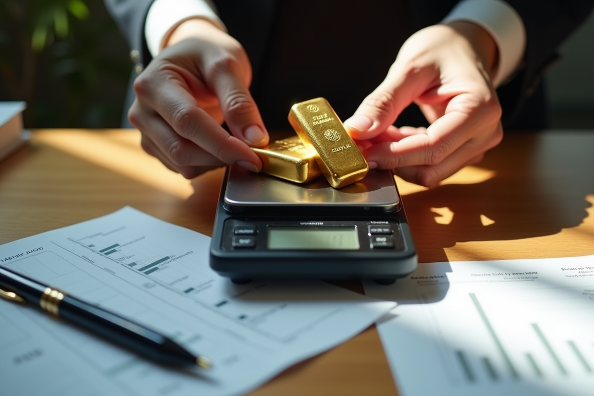 Mains pesant des lingots d or sur une balance numérique
