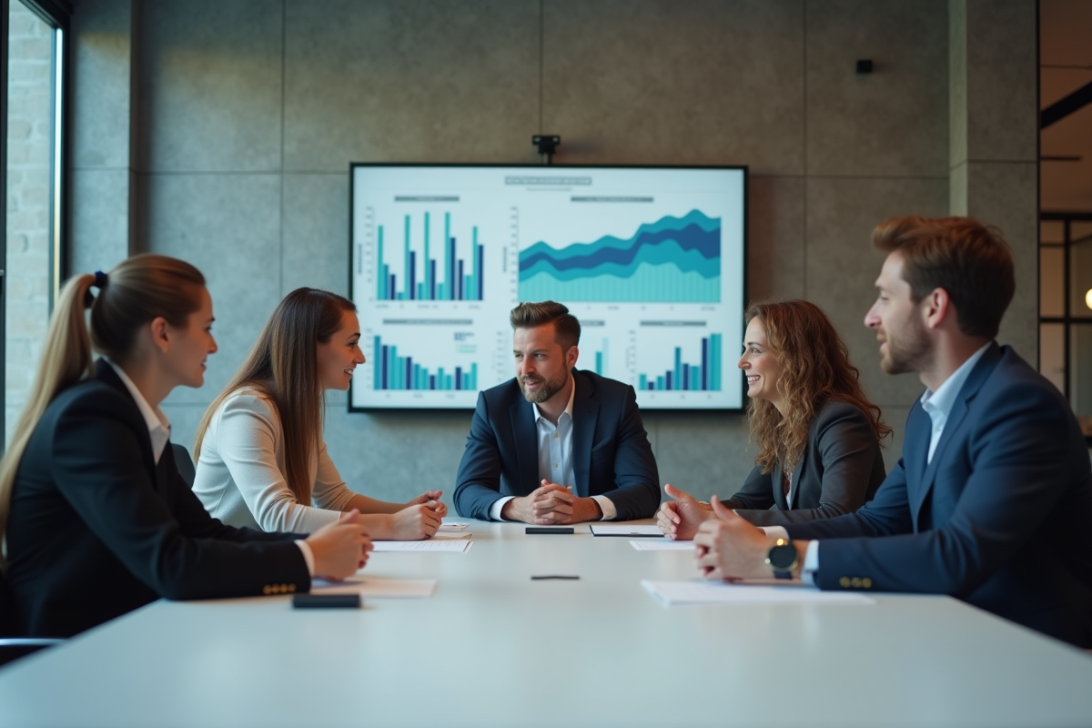 Groupe de professionnels en réunion brainstorming dans une salle moderne