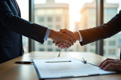Deux professionnels en affaires serrant la main sur un contrat