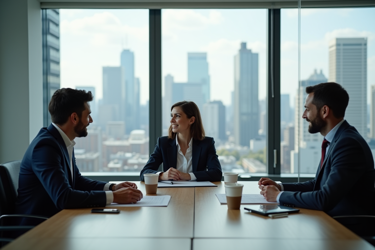 Groupe de professionnels discutant dans une salle de réunion moderne